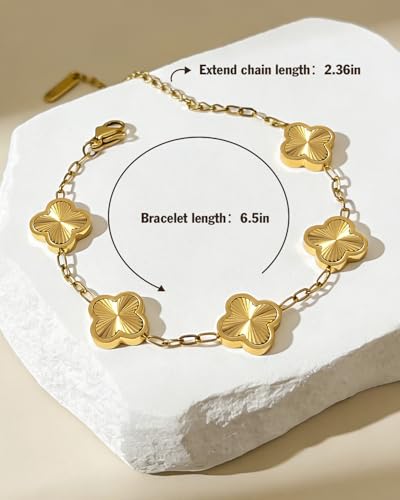Four Leaf Clover Bracelet 18K Gold Plated Bracelets for Women Lucky Flower Design Stainless Steel Hypoallergenic Link Chain Adjustable Dainty Trendy Jewelry Gifts for Women - color: Gold