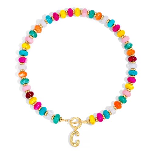 NIKOLUX Colorful Initial Necklaces for Women Chunky Resin Beaded Toggle Necklace 14K Gold Plated A-Z Bubble Letter Pendant Necklace Trendy Summer Beach Handmade Jewelry Gift - color: Colorful-C