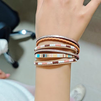 ZMANYIJEW Leather Wrap Bracelets for Women,Boho Cuff Bracelets Multi-Layer Crystal Beads Cuff Bracelet Multilayered Leopard Leather Braided Bangle Wrist Cuff Bangles - style: khaki