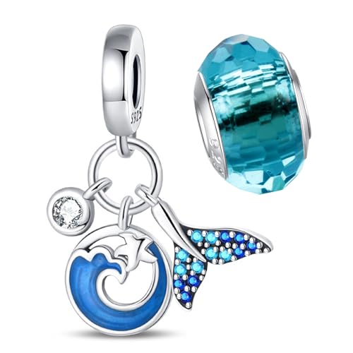 LNQOBU 925 Sterling Silver Charms for Bracelets Necklaces,5A Cubic Zirconias Evil Eye Dangle Beads Charms Jewelry Gift for Women (With one Spacer Beads Charms) - style: Sea Waves 3-Piece Set