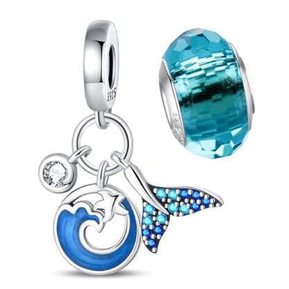 LNQOBU 925 Sterling Silver Charms for Bracelets Necklaces,5A Cubic Zirconias Evil Eye Dangle Beads Charms Jewelry Gift for Women (With one Spacer Beads Charms) - style: Sea Waves 3-Piece Set