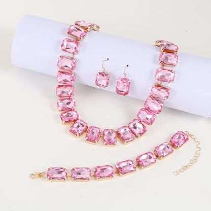 KOSMOS-LI Rectangle Faux Crystal Jewelry Sets Includ Necklace Bracelet Earrings For Women Stocking Stuffers - color: pink