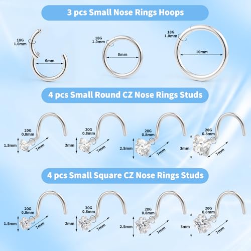 20g Nose Rings Studs and 18g Nose Rings Hoops for Women Men: Hypoallergenic Surgical Stainless Steel Threadless Corkscrew/L Shape/Straight Nose Studs Round Square Simulated Diamond CZ 1.5/2/2.5/3mm Nose Bone Studs Hinged Clicker Segment Nose Hoops Septum