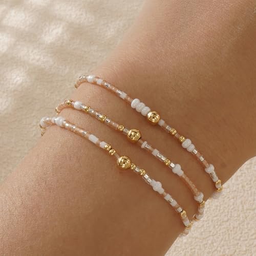 Colorful Gold Beaded Bracelets for Women Boho Tiny Gold Plated Ball Stretch Stackable Small Seed Beads Bracelet Stack Trendy Jewelry Set Dainty Vacation Friendship Christmas Gifts for Women - color: White