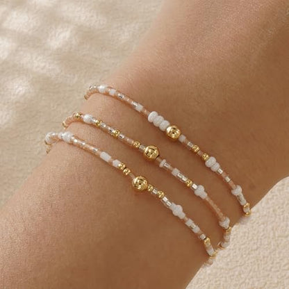 Colorful Gold Beaded Bracelets for Women Boho Tiny Gold Plated Ball Stretch Stackable Small Seed Beads Bracelet Stack Trendy Jewelry Set Dainty Vacation Friendship Christmas Gifts for Women - color: White