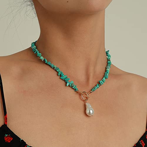 Bohemian Stone Pearl Choker Necklace for Women Dainty Natural Irregular Stone Choker Turquoise Beaded Lariat Necklace Simple Fashion OT Toggle Spiritual Handmade Jewelry - color: Turquoise