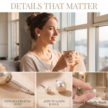 12 Pairs Pearl Stud Earrings for Women | White Pearl CZ Ball Hypoallergenic Earrings, Bridal Simulated Pearl Rhinestone Pearls Stud Earrings Jewelry Set for Wedding - color: Clear