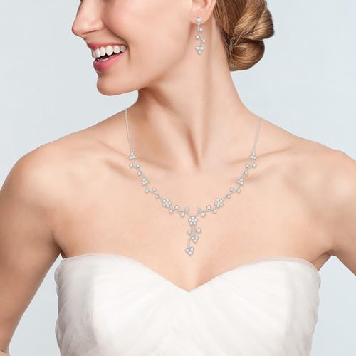 Crysdue Women's Wedding Bridal Jewelry Set for Brides Bridesmaids Cubic Zirconia Flower Leaf Vine Necklace Dangle Earrings for Prom Party - style: 32-silver