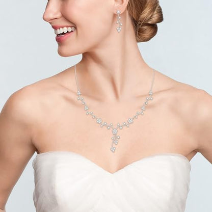 Crysdue Women's Wedding Bridal Jewelry Set for Brides Bridesmaids Cubic Zirconia Flower Leaf Vine Necklace Dangle Earrings for Prom Party - style: 32-silver