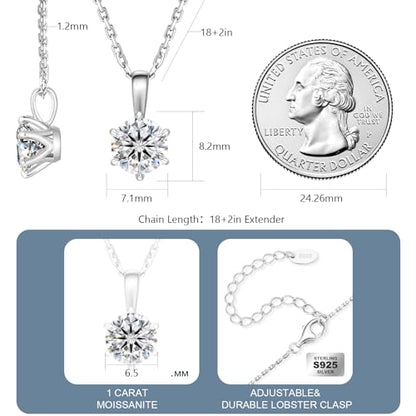 KRKC Moissanite Pendant Solitaire Necklace for Women, 0.5CT/1CT/2CT/3CT/4CT Lab Created Diamond Pendant, 6-Prong, VVS1 Clarity D Color, Adjustable S925 Sterling Silver Chain, 14K White Gold Plated, Anniversary Romantic Gift for Her, Birthday Gifts for Wif