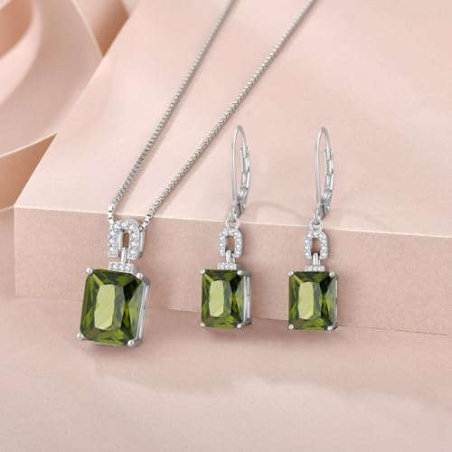 Emerald Cut Birthstone Necklace for Women 925 Sterling Silver | Baguette Birthstone Pendant Necklace, Jewelry for Mom Wife - color: Olive Green