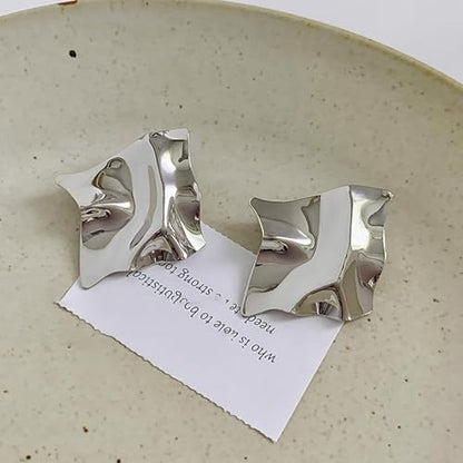 REELMAR Chunky Geometric Clip On Earrings for Women Trendy Gold-Plated Thick Hammered Rectangle Dupes Earrings Minimalist Statement Earrings No Piercing Clips - color: Chunky-Silver