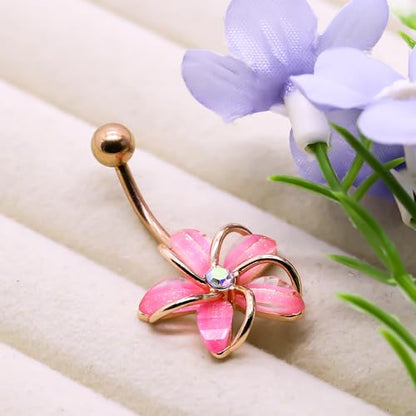 VERAMI 14G 316L Flower Belly Button Ring Surgical Steel Cute Flower Belly Button Ring Body Piercing Jewelry - color: Rose Glod-Pink