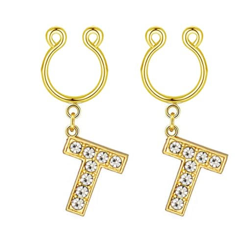 2Pcs Fake Nipple Rings Name Initial Letter Nipple Clamps for Women Non Piercing Beginner Cubic Zirconia Non Piercing Nipple Jewelry - color: T