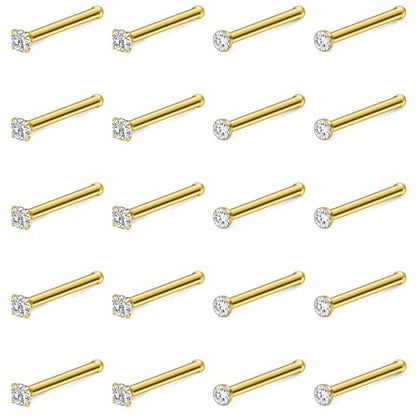 Hoeudjo Nose Studs Surgical Steel Cubic Zirconia Nose Rings Kit for Women Men Tiny Nose Stud Screw & Bone & L Shaped Nostril Piercing Jewelry 24-18 Gauge 20 Pieces Set - color: gold-tone,nose bone studs, size: 20g/1.5mm clear CZ
