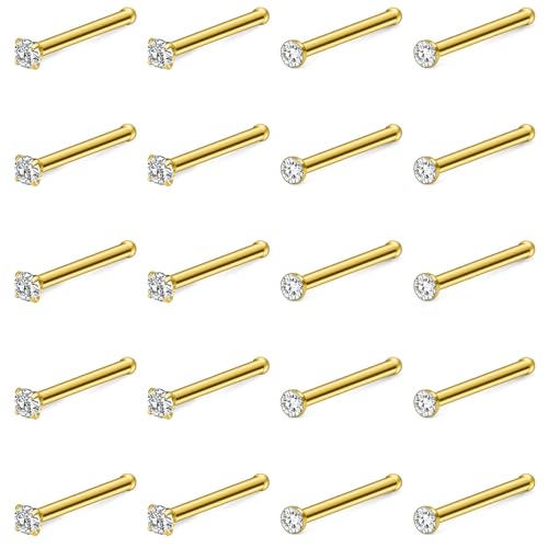 Hoeudjo Nose Studs Surgical Steel Cubic Zirconia Nose Rings Kit for Women Men Tiny Nose Stud Screw & Bone & L Shaped Nostril Piercing Jewelry 24-18 Gauge 20 Pieces Set - color: gold-tone,nose bone studs, size: 22g/1.5mm clear CZ
