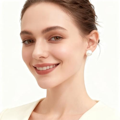 White Faux Pearl Stud Earrings, S925 Silver Posts Hypoallergenic for Women - color: White, size: 14mm
