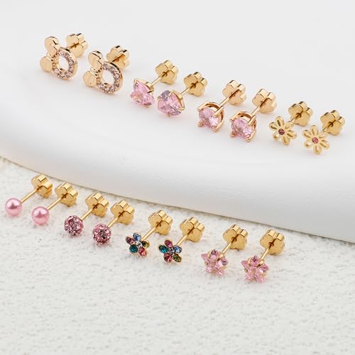Staligue 8 & 21 Pairs Hypoallergenic Screw Back Earrings for Women – 20G Surgical Steel Flat Back Studs with Heart, CZ, Pearl, Star & Ball Designs | Tiny Cartilage Jewelry Options - color: Golden