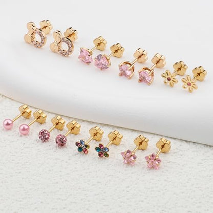 Staligue 8 & 21 Pairs Hypoallergenic Screw Back Earrings for Women – 20G Surgical Steel Flat Back Studs with Heart, CZ, Pearl, Star & Ball Designs | Tiny Cartilage Jewelry Options - color: Golden
