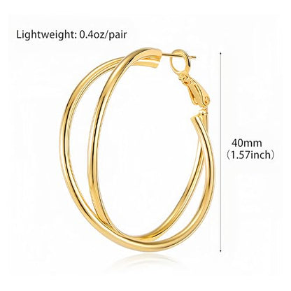 18K Gold Plated Crossover Double Hoop Earrings, 40mm Big Hoops | 925 Sterling Silver Post, Criss Cross X-Shape Loop, Lightweight Chunky Stackable, Everyday Trendy Statement Jewelry for Women - color: Gold