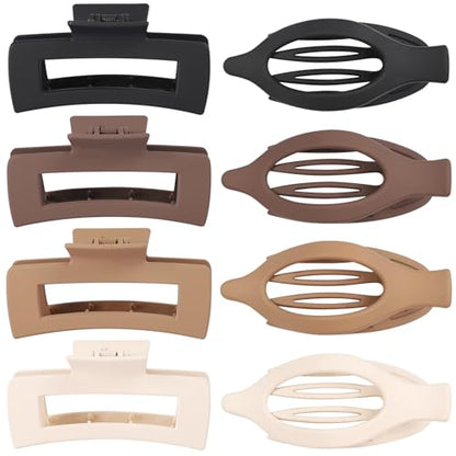 CHANDAT Hair Clips for Women, Flat Hair Clips, 8 pcs, 2style - Brown | 4.3 Inch Large Square Hair Claw Clips & Flat Hair Clips, Thick & Thin Hair, Hair Accessories for Women, Strong Hold Non-Slip - color: Brown