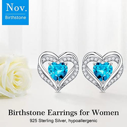 Iefil Birthstone Earrings for Women - 925 Sterling Silver Heart Stud Earrings Birthday Gifts for Women - color: 11-Nov-Created Blue Topaz