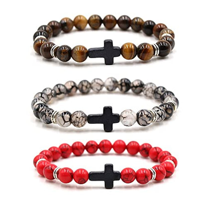 8MM Ornament Lava Volcanic Stone Beads Turquoise Cross Elastic Stretch Bracelet Religion Bangle for Women Men - color: 3pcs C