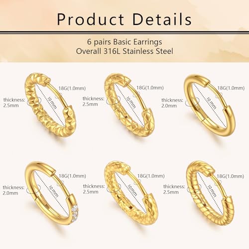 Small Hoop Earrings for Women, Stainless Steel Huggie Hoop earrings, 18G | 2/4/6 Pairs, 6mm/8mm/12mm Small Hoop Earrings, Lobe Helix Conch Tragus Daith Rook Cartilage Piercing Jewelry,Gold Silver - color: Golden-6 pairs Hoop Earrings-10mm