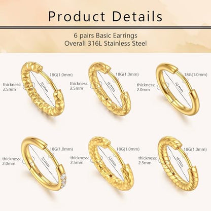 Small Hoop Earrings for Women, Stainless Steel Huggie Hoop earrings, 18G | 2/4/6 Pairs, 6mm/8mm/12mm Small Hoop Earrings, Lobe Helix Conch Tragus Daith Rook Cartilage Piercing Jewelry,Gold Silver - color: Golden-6 pairs Hoop Earrings-10mm