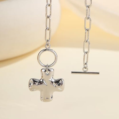 Joxevyia Gold Cross Necklace for Women Hammered Cross Pendant Toggle Clasp Paperclip Chain Statement Choker Bold Faith Jewelry Gift - color: silver cross necklace, size: 20 inches