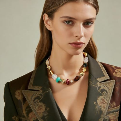 Chunky Acrylic Beaded Necklace for Women Colorful Acrylic Resin Beaded Choker Big Round Beads Statement Necklace Fashion Jewelry - color: Gold
