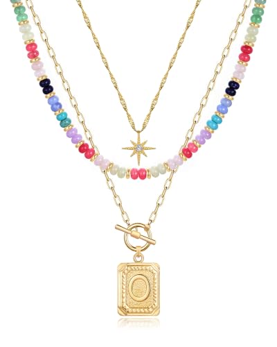 MJartoria Layered Initial Necklaces for Women | 14K Gold Plated Brass, Star Choker, Colorful Beaded, Square Letter Pendant, - color: Gold Plated, style: O