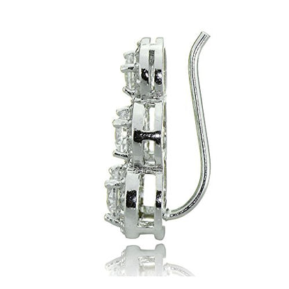 Sterling Silver Cubic Zirconia Three Stone Halo Crawler Climber Hook Earrings