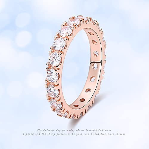 KUNSIR 925 Silver Cubic Zirconia Ring Size 7-9 Wedding Band Sterling Silver Eternity Ring Modern Style - style: Rose Gold Clear Zircon Ring