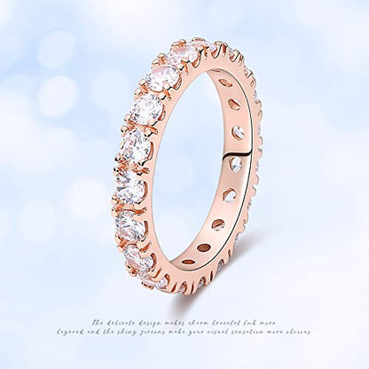 KUNSIR 925 Silver Cubic Zirconia Ring Size 7-9 Wedding Band Sterling Silver Eternity Ring Modern Style - style: Rose Gold Clear Zircon Ring