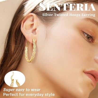 Senteria Silver Twisted Hoops Earring for Women Hypoallergenic Sterling Silver Post Hoop Earrings with AAA+ Cubic Zirconia 14K Gold Plated Hoop Earrings for Women 30/40/50MM - color: Gold-30MM