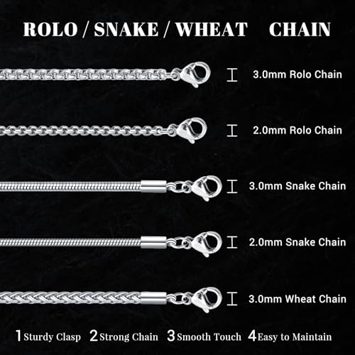 Eusense Stainless Steel Chain Necklace for Men Women Rolo/Wheat/Snake/Box Chain, 2-3MM, 20-24 Inches with Delicate Gift Box - color: Silver, size: 22+2 Inches Length, style: Rolo Chain-2MM Width