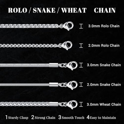 Eusense Stainless Steel Chain Necklace for Men Women Rolo/Wheat/Snake/Box Chain, 2-3MM, 20-24 Inches with Delicate Gift Box - color: Silver, size: 22+2 Inches Length, style: Rolo Chain-2MM Width