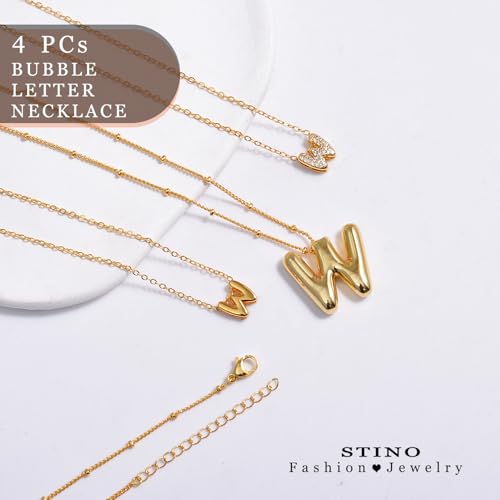 stino 4PCs Bubble Initial Letter Necklace Set, No Tarnish 14K Gold Plated Alphabet Pendant, Jewelry for Women - style: W