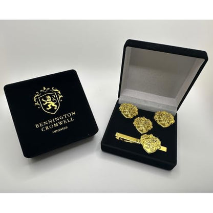 Men’s Cufflinks, Tie Bar, and Tie Pin Set – Royal Blue on Gold with Raised Lion Crest, Gift-Boxed for Business and Formal Occasions - color: Gold-tone