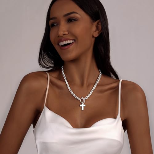 Zeffy 14K Gold/Silver Plated Chunky Thick Chain Toggle Clasp Necklace Dainty Baroque Pearl/Heart/Cross/Turquoise Pendant Necklace - color: Silver Small Cross Necklace