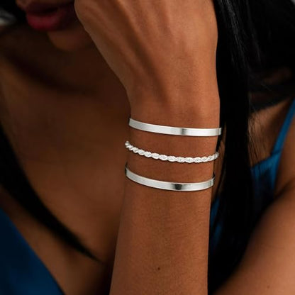 14K Gold Plated Stackable Bangle Bracelets for Women | Dainty Cuff Bracelets, Stackable for Women, Waterproof Bracelet Stack, Gold Jewelry Gifts Trendy Adjustable Accessories - color: 3-layer-A-Silver