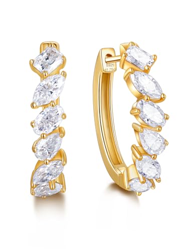 Moissanite Hoop Earrings for Women, 3.5ct/0.76ct D Color VVS1 Yellow Gold Plated Earrings, 925 Sterling Silver Inside Out Round Loops/Six Stone 20mm Hoops, Birthday Christmas Valentines Jewelry - color: Yellow Gold - Six Stone