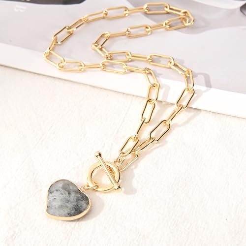 14K Gold Plated Two Sides Carved Stone Heart Shape Necklace for Women Love Pendant Necklace Jewelry for Daily and Gifts - color: Labradorite