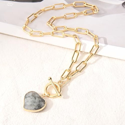 14K Gold Plated Two Sides Carved Stone Heart Shape Necklace for Women Love Pendant Necklace Jewelry for Daily and Gifts - color: Labradorite