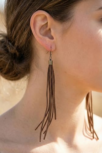 Handmade Genuine Leather Earrings for Women – Long Teardrop Boho Dangles, Lightweight Statement Fashion Jewelry - style: Springs-Brown