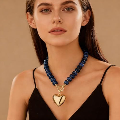 Chunky Heart Necklaces for Women Colorful Resin Beaded Necklaces for Women Gold Puffy Heart Statement Necklace Trendy Acrylic Choker Jewelry Gift - color: C