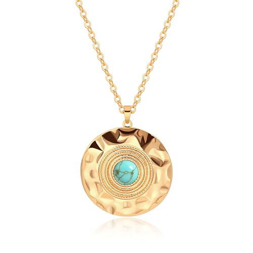 Aobei Pearl 18K Gold Plated Pendant Necklace for Women Dainty Gold Chain Choker Love Heart Disc Coin Pearl Cross Toggle Jewelry - style: Turquoise Hammered Coin