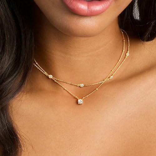 Yoosteel Layered 14K-Gold-Plated Necklace for Women,CZ Necklaces Stack | Dainty Cubic Zirconia Pendant Necklace,Simple Chain Choker Stackable,Trendy Jewelry,Wedding Bridesmaid Gifts - color: 01-Layered Round CZ