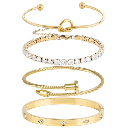 Bracelet Bangle Set, 4pcs Stackable Four Leaf Gold Bracelet Set for Wife Mom Girlfriend - color: Gold (K2)